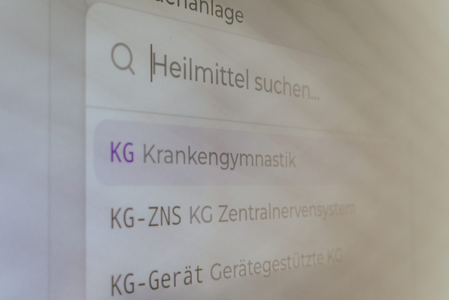 Bildschirm mit der Auswahl von Heilmitteln, darunter Krankengymnastik